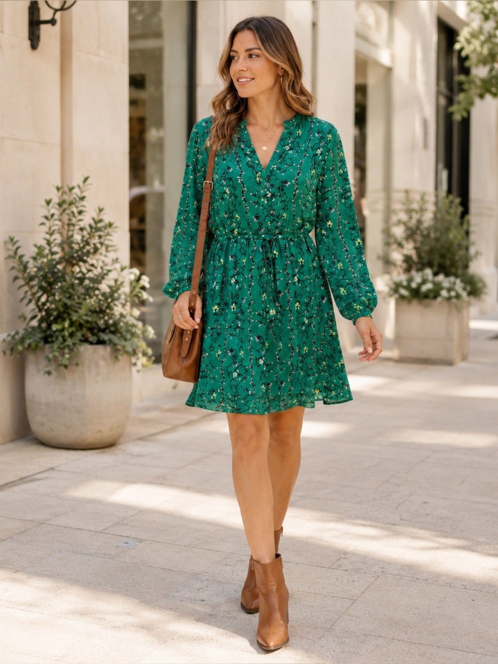 Maison Jules Green Floral Drawstring Waist Dress | Large | Long Sleeve
